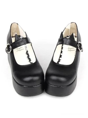 Black cat ear Mary Jane platform shoes side three-quarter angle displaying smooth PU leather finish wedge heel construction and ankle strap closure gothic lolita shoes profile