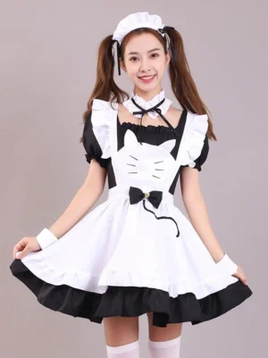Black cat maid Lolita dress full frontal view with twin-tail model wearing maid headdress, ruffled layered skirt, cat face embroidery on apron, black and white color scheme, wrist cuffs and white thigh-high socks