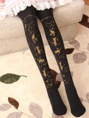 Black base lolita cat hot stamping velvet tights with gold cat constellation prints front low-angle wearing view