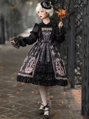 Black Classic Lolita JSK Dress with Celestial Star Print Worn Outdoors - Front Three-Quarter View with Gothic Model in Park Setting Showing Glittery Ruffled Hem and Retro Royal Print Pattern