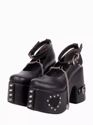 Black chain-embellished chunky heel lolita platform pumps front three-quarter view white background showing metal chain vamp decoration heart-shaped studs and spike studded platform