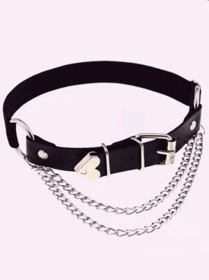 Black polyester leather chain thigh garter accessory with silver buckles and double hanging chains, front flat lay view showing heart decoration and adjustable hardware