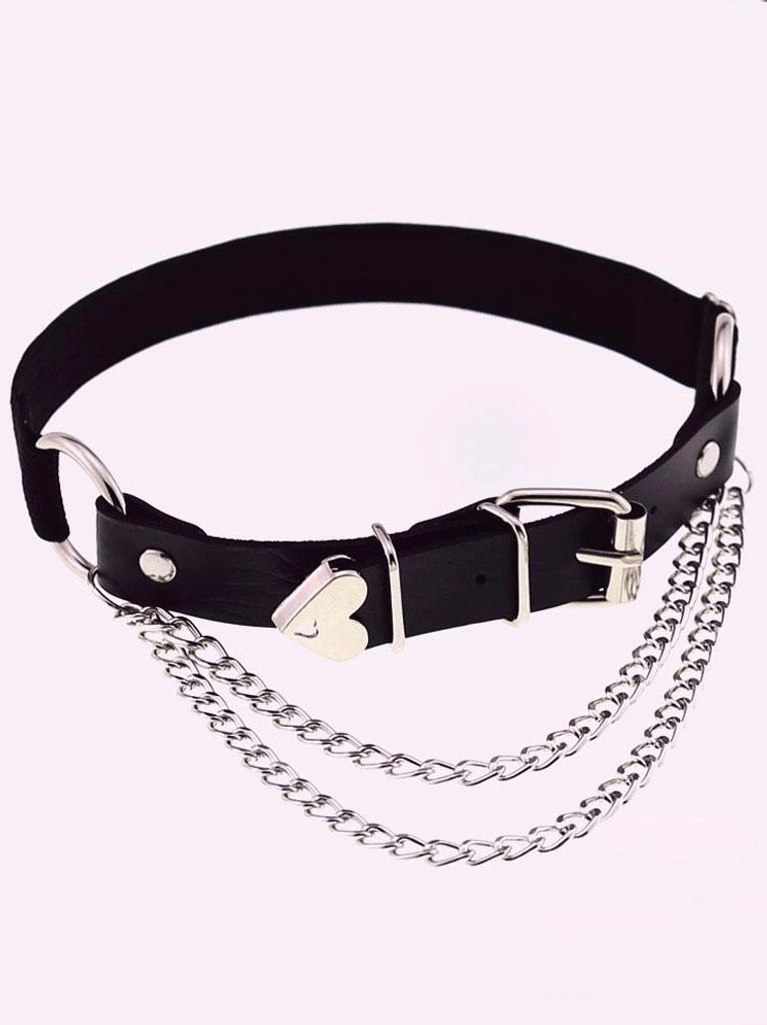 Black polyester leather chain thigh garter accessory with silver buckles and double hanging chains, front flat lay view showing heart decoration and adjustable hardware