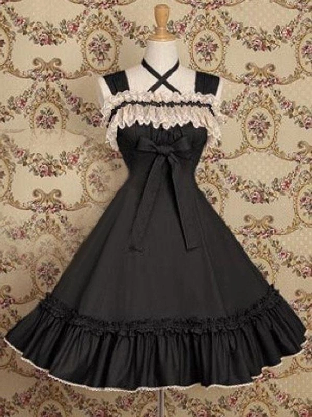 Black Classic Lolita JSK dress sleeveless design cross strap halter lace ruffle trim flared skirt
