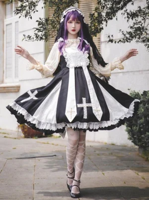 Classic black lolita jumper dress with ruffled lace trim worn as full body front view on model with purple-black hair in outdoor street setting, showcasing sleeveless design and elegant silhouette