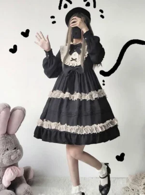 Black classic Lolita OP dress with polka dot ruffled lace trims full-body mirror selfie with plush toy and long bishop sleeves