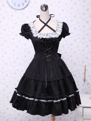 Black cotton classic lolita one-piece dress front view with white lace collar, front lace-up closure, and layered ruffled skirt