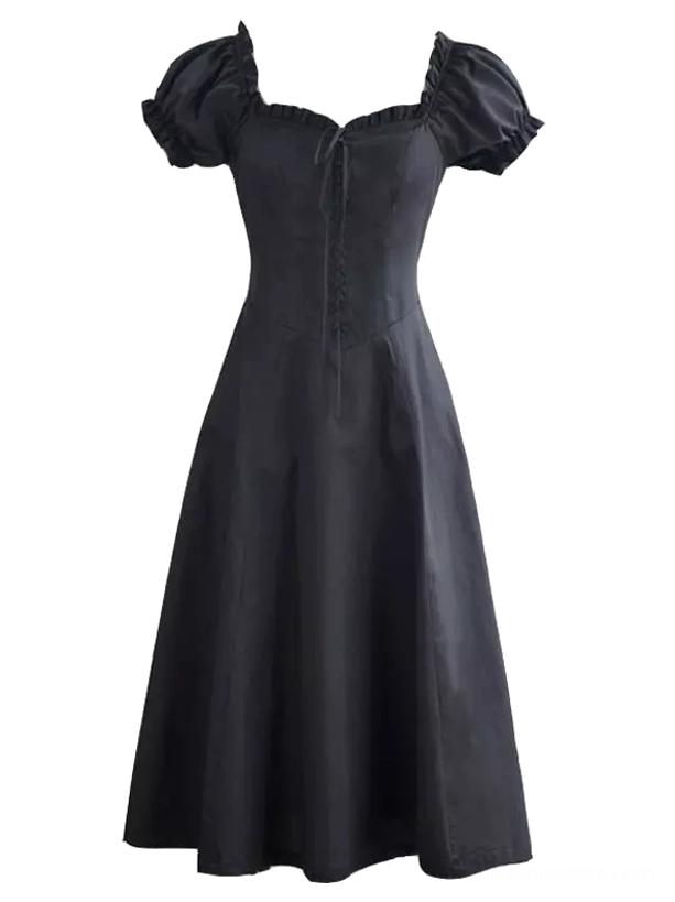 Black Classic Lolita OP dress with front lace-up detail, A-line midi skirt, and puff sleeves showcasing gothic-inspired elegant coordinate option