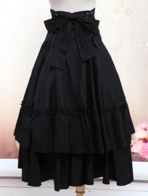 Black Classic Lolita tiered skirt with lace-up waist bow and double-layer ruffled hem, front three-quarter view showing Victorian bell-shaped silhouette and Gothic elegance
