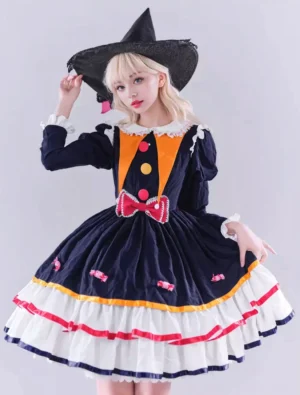 Black clown gothic lolita dress front view with color-blocked chest decoration and puff sleeves worn by model with witch hat, showcasing theatrical lolita design