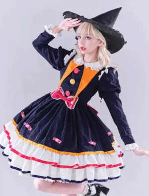 Three-quarter front view of black gothic lolita clown dress featuring layered striped skirt hem, front bow decoration, and dramatic puff sleeves on model
