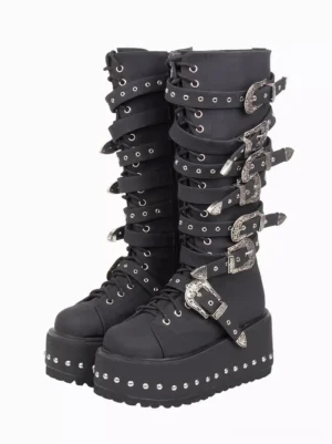 Black corduroy gothic lolita platform boots front side paired view with silver decorative buckles and studded platform sole