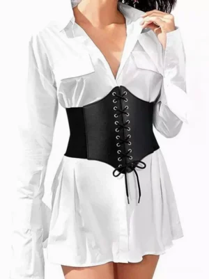 Black waist cinching corset belt worn with white shirt dress front view lace-up closure Lolita style coordinate