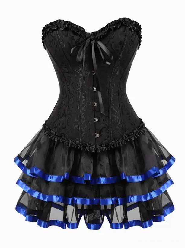 Black corset with front bow and button embellishments paired with blue satin ribbon trimmed tulle skirt - romantic lolita aesthetic