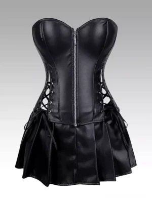 Black faux leather strapless corset dress with front zipper closure and side lace-up details, flat front view showcasing pleated mini skirt and pointed bust design