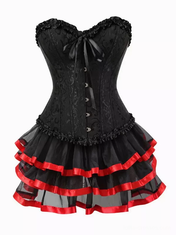 Black corset with front fastening and button details layered with red satin ribbon trimmed tulle skirt - gothic lolita outfit