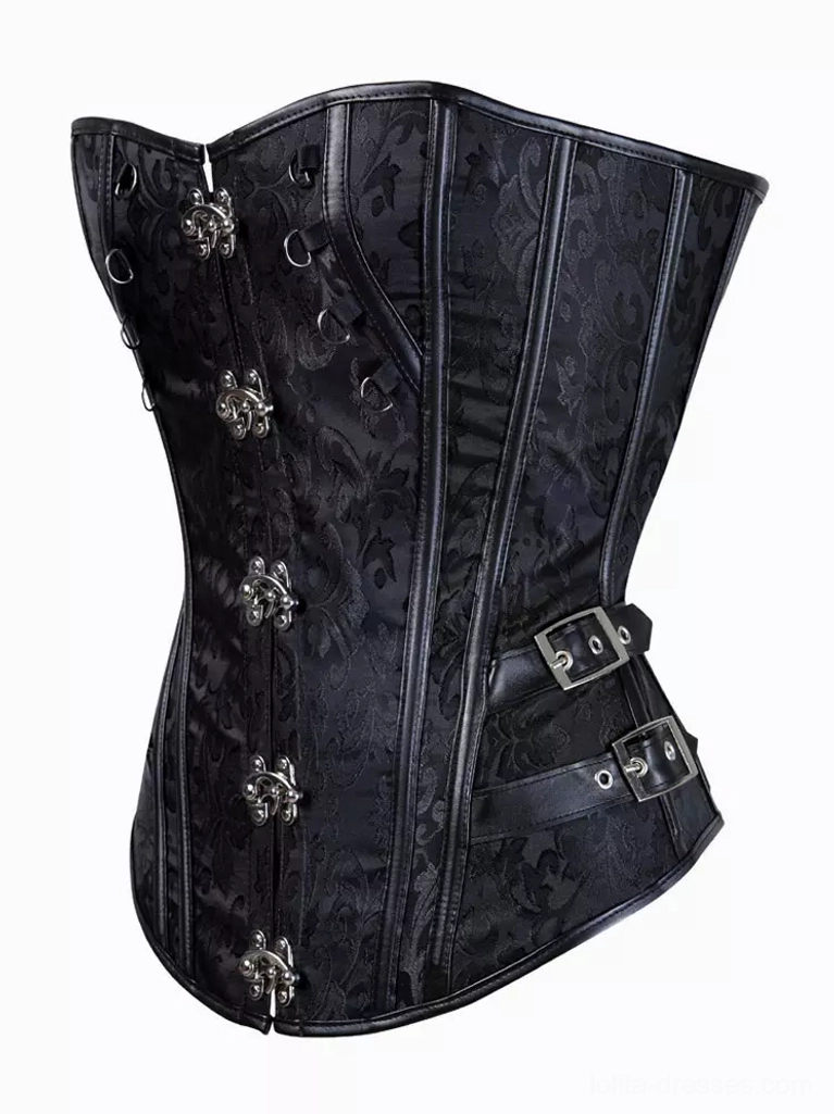 Black corset top side front angle showing leather buckle straps and vertical boning structure gothic lolita