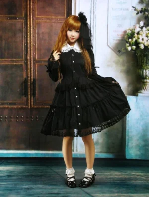 Black cotton classic lolita op dress full front view long sleeves turndown collar lace trim tiered ruffled skirt