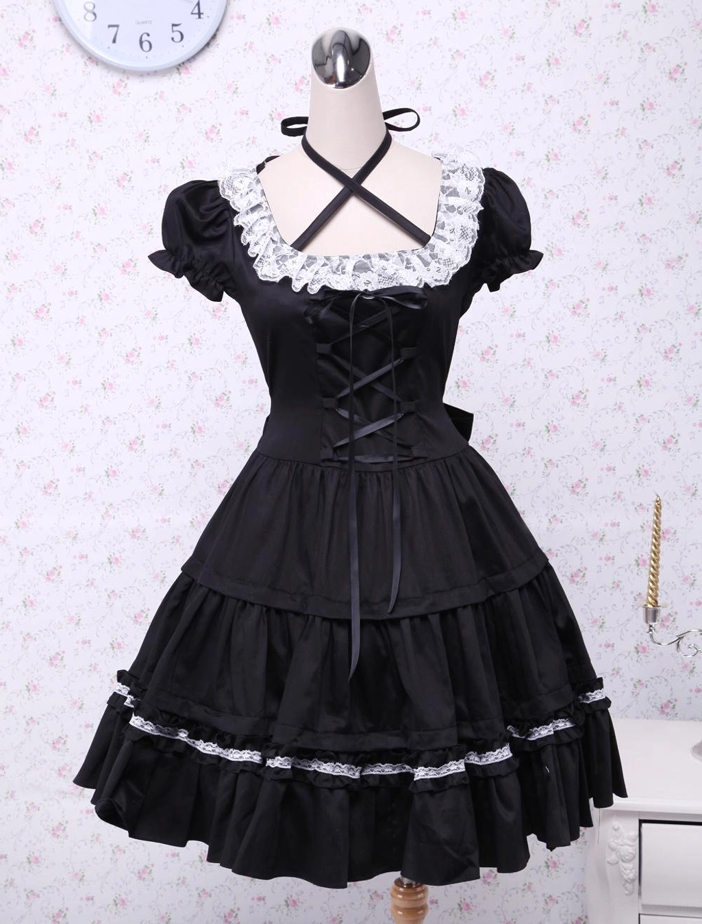 Black cotton classic lolita one-piece dress front full view on mannequin displaying complete ensemble with layered ruffles and victorian styling