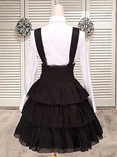 Black cotton classic lolita salopette dress back view mannequin showing adjustable shoulder straps tiered ruffle skirt hem cascading layers gothic romantic style