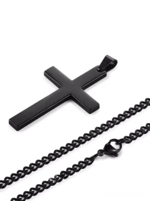 Solid matte black cross pendant with secure lobster clasp curb chain, flat lay shot on white background showing jewelry details
