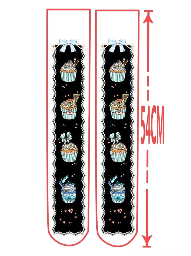 Black cupcake Lolita socks product specification flat lay showing 54cm total length bowknot and design pair layout