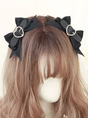 Dual black bow lolita headband with silver heart chains displayed on mannequin front view sweet lolita headdress