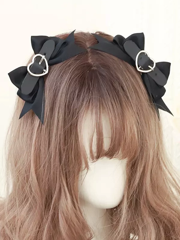 Dual black bow lolita headband with silver heart chains displayed on mannequin front view sweet lolita headdress