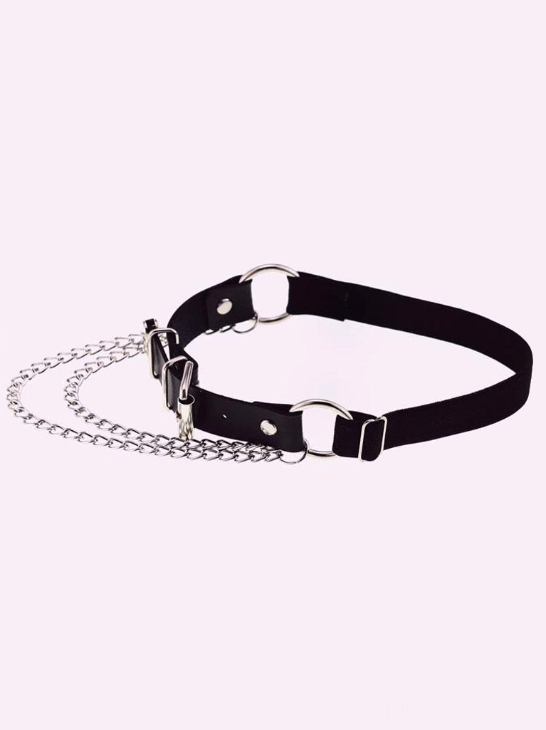 Black elastic chain strap accessory with silver chain set and metal D-rings, single-side design flat lay view for Lolita coordinate styling