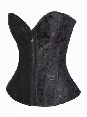 Black embossed floral jacquard corset top with metal zipper closure front flat view Gothic lolita strapless vintage corset top