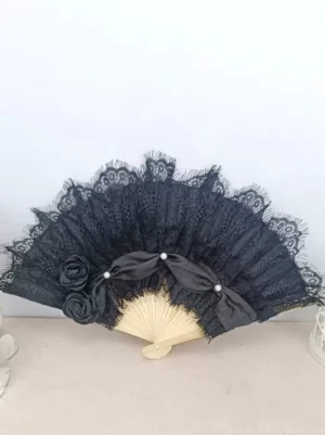 Black eyelash lace folding fan with satin ribbon bow pearl decorations and fabric rose embellishments, elegant gothic lolita accessory
