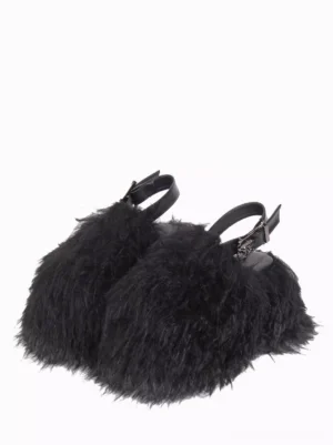Black faux fur platform lolita slingback sandals pair front three-quarter view fluffy fuzzy upper adjustable ankle buckle strap gothic style round toe shoes