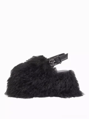 Single black faux fur platform lolita sandal right side profile view thick block platform sole metal buckle decoration gothic lolita footwear