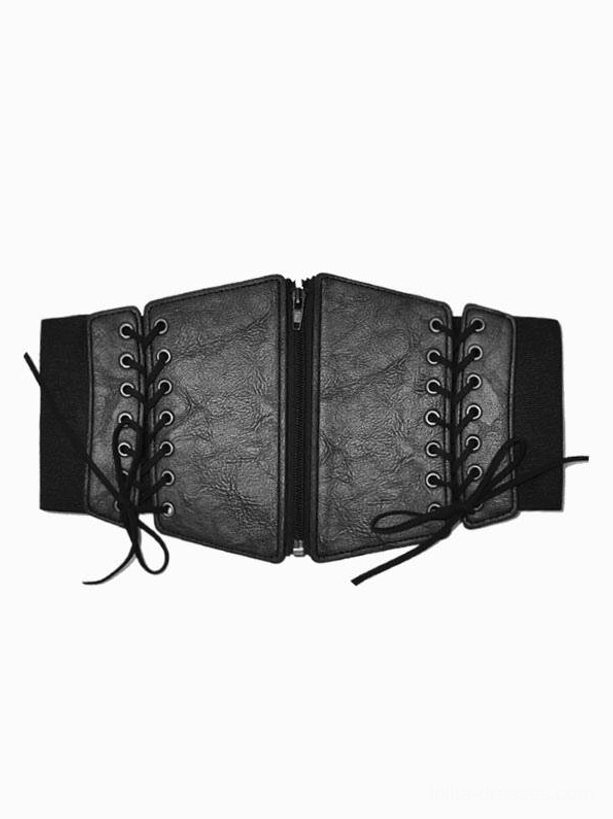 Black faux leather corset waist belt flat lay detail showing dual lace-up sides central zipper and elastic side panels construction