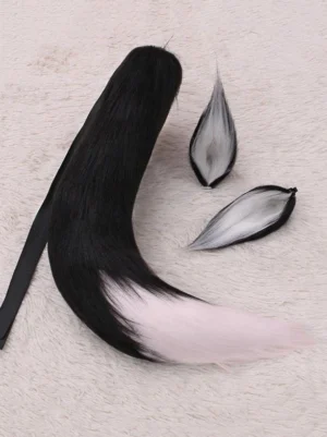 Midnight Shadow fox ears in grey-white with deep black tail and light pink tip - lolita accessory cosplay set