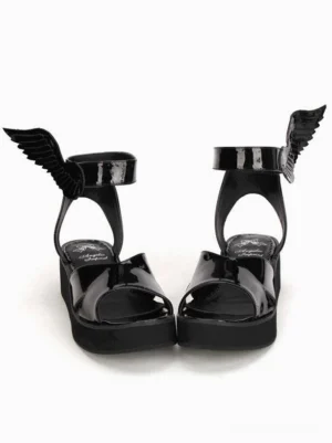 Black glossy lolita platform wing sandals front flat view paired shoes patent leather finish angel wing ankle strap ornaments peep toe open design