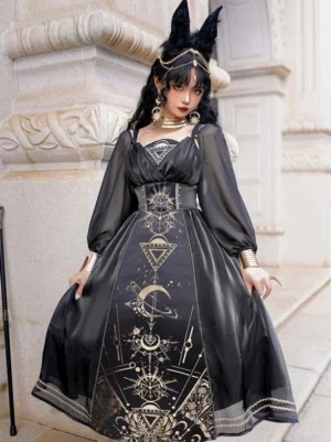 Black gold gothic lolita jumper dress full front view with sheer lantern sleeves and celestial prints, model wearing fox ear headdress