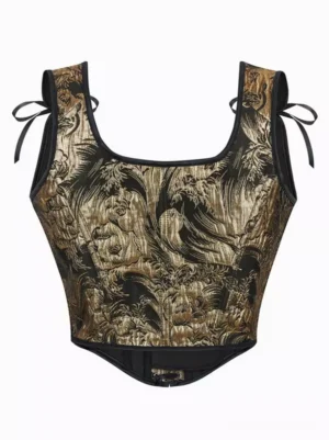 Black and gold retro jacquard lolita corset with square neckline, curved hem and black ribbon bow straps, front flat view