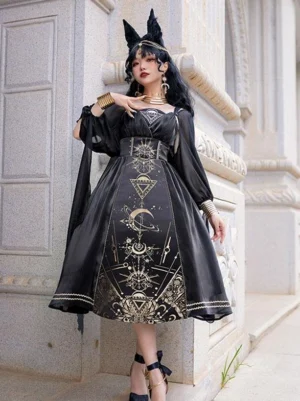 Gothic lolita one-piece dress side view model with wolf ear headwear high waist midi skirt black bow heels gold vintage accessories