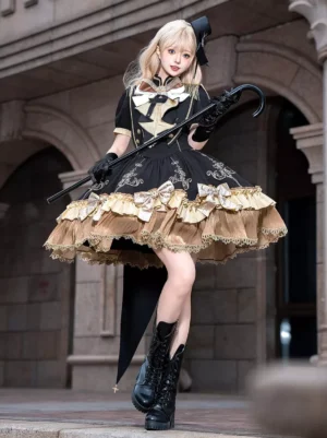 Black and gold military gothic lolita short dress with tailcoat back full body front view vintage archway ruffled gold hem puff sleeves