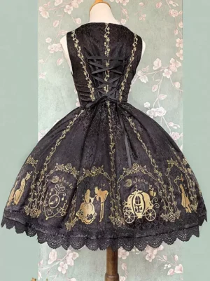 Black gold sweet lolita jumper dress back view showing lace-up back closure and lace hem with gold embroidery details