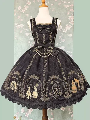 Black gold sweet lolita jumper dress front view with lace hem and fairy tale embroidery bow decoration on mannequin