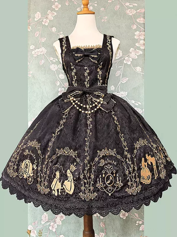 Black gold sweet lolita jumper dress front view with lace hem and fairy tale embroidery bow decoration on mannequin