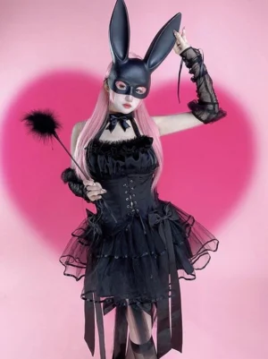 Black gothic bunny lolita dress with lace-up corset bodice front view model pink hair