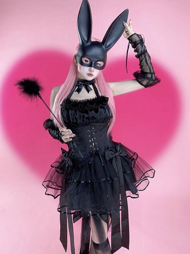 Black gothic bunny lolita dress with lace-up corset bodice front view model pink hair