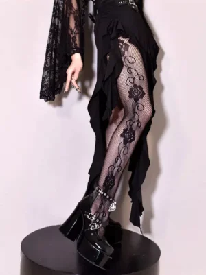 Gothic floral fishnet tights right profile view paired with black buckle platform heels, complete legwear coordinate