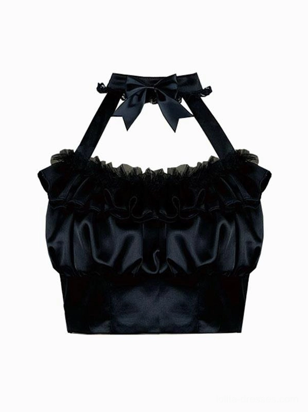 Halter neck gothic corset top flat lay satin fabric ruffled neckline bow