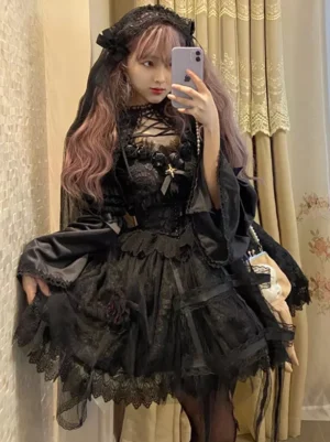 Black Gothic Lolita Hime Jumper Skirt with Lace Sleeveless Design Front Mirror View Modeling with Cross Ornament Veil Headwear
