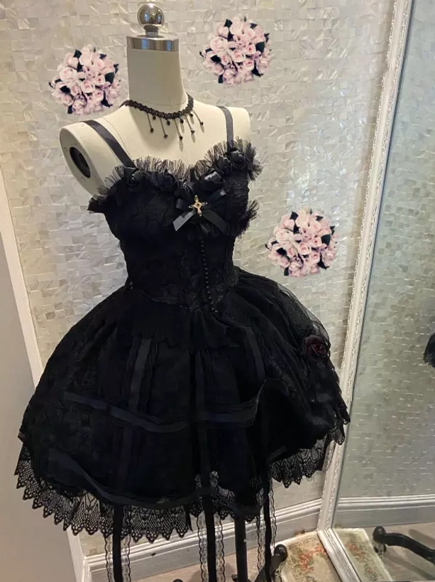 Black Gothic Hime Lolita Jumper Skirt Dress Mannequin Display Sleeveless Design Cross Bow Rose Applique Lace Trim Details