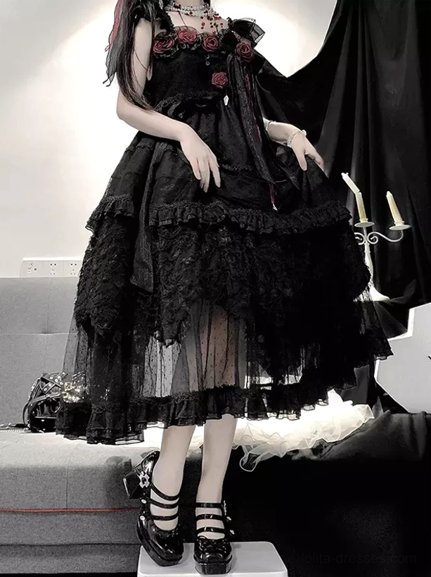 Black Gothic Hime Lolita JSK dress full body view with red rose embellishments and multi-layered ruffled tulle skirt floor-length sleeveless jumper